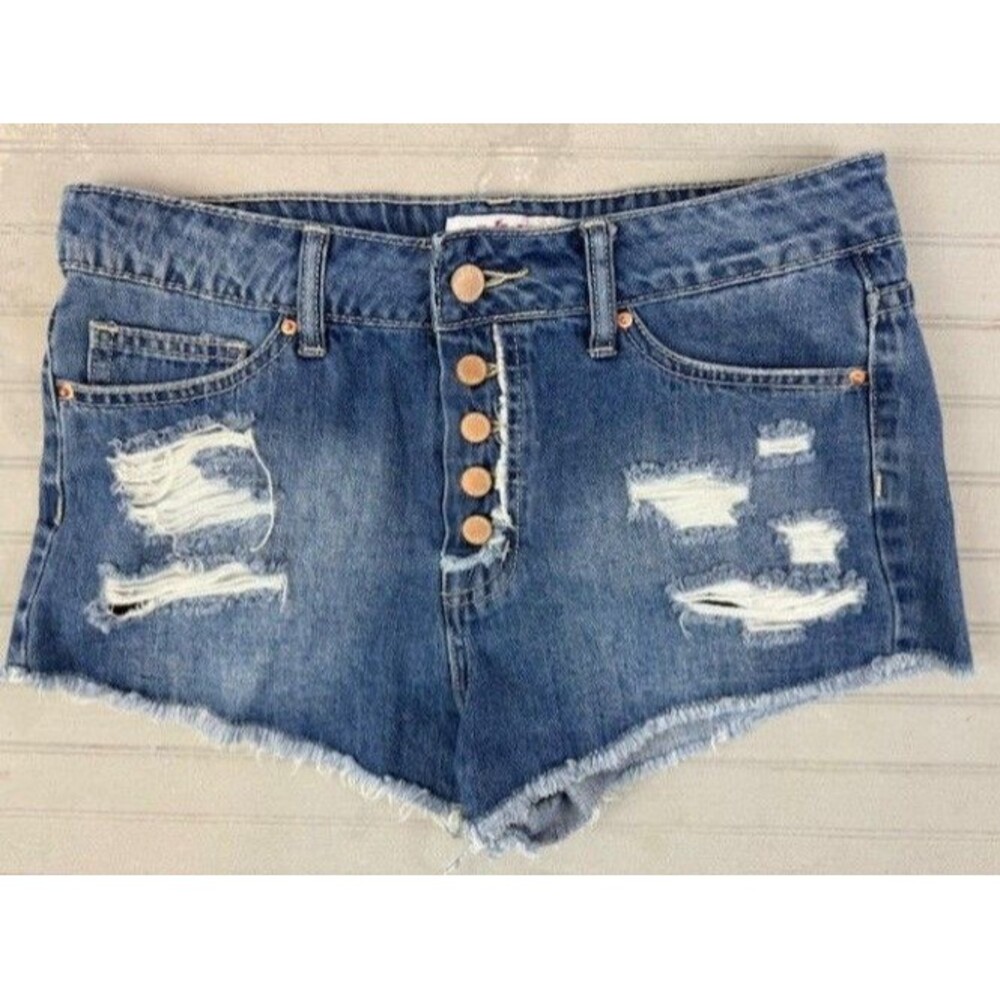 YMI Size 5 Womens Shorts Cotton Distress Button Fly Cut Off Denim Jean Mid Rise